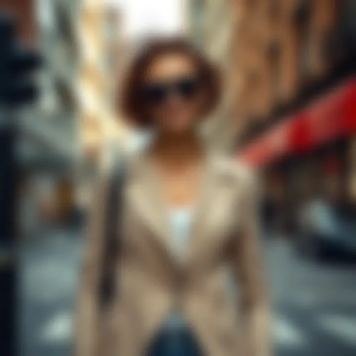 A woman confidently wearing a slim fit jacket on a city street