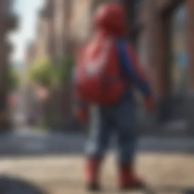 A child joyfully carrying a Spiderman backpack during outdoor play