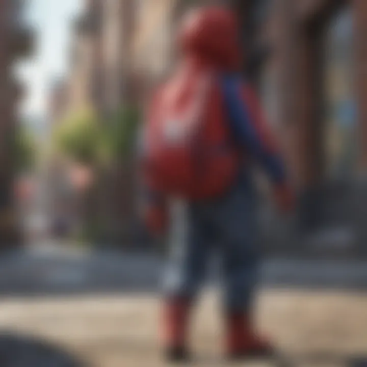 A child joyfully carrying a Spiderman backpack during outdoor play