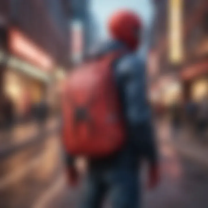 A vibrant Spiderman-themed backpack displayed in an urban setting