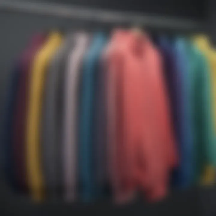 A collection of sweat suits in various colors and styles displayed on hangers