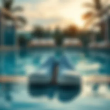 Swim shoes on a poolside deck with water reflections