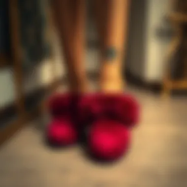 Fashionable outfit featuring burgundy slippers