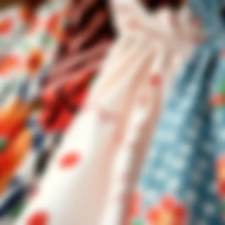 Close-up of fabric textures displaying various patterns and styles of sundresses