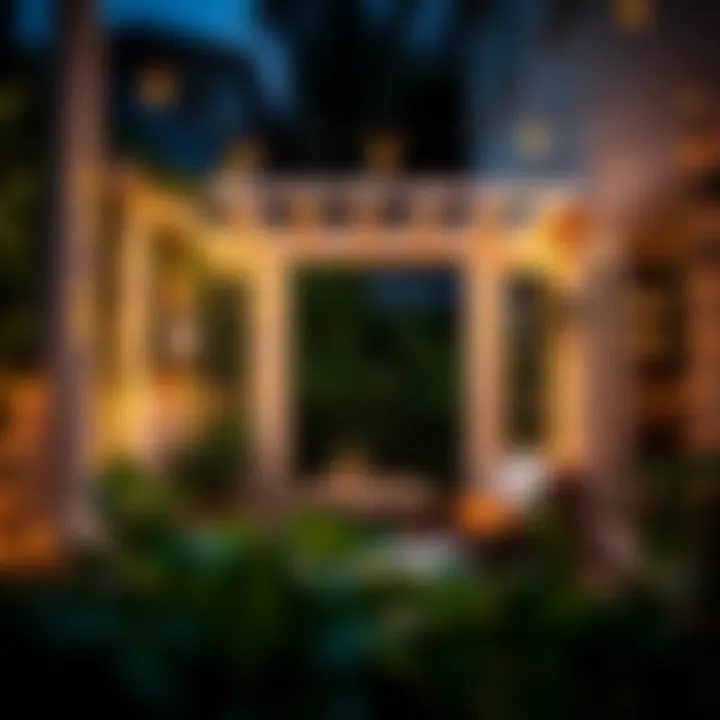 Outdoor Patio Bathed in Light and Greenery An outdoor patio illuminated with fairy lights and surrounded by ivy plants