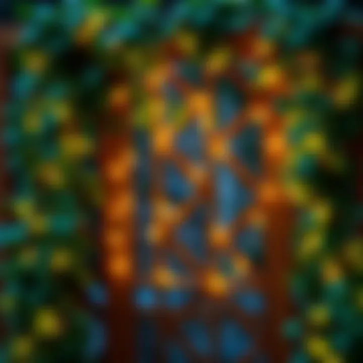 Enchanting Trellis Adorned with Lights and Ivy Twinkling fairy lights intertwined with lush ivy on a wooden trellis