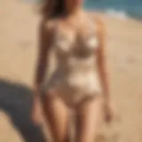 Elegant frill trim bathing suit displayed on a sandy beach