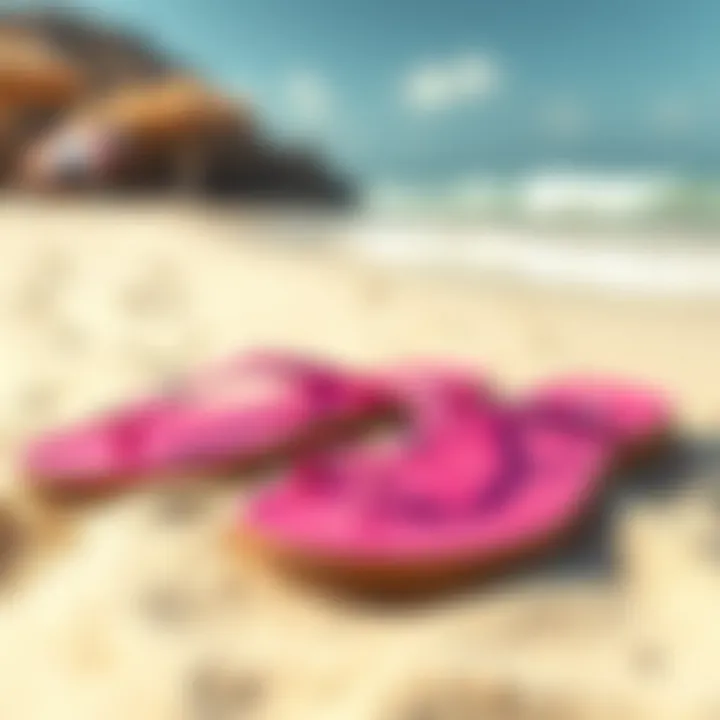 Vibrant Fuchsia Flat Sandals on Beach A pair of vibrant fuchsia flat sandals on a sandy beach