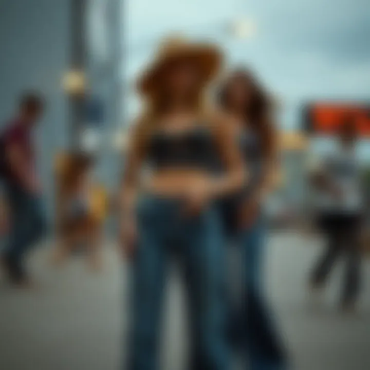 Cultural icons in petite high-waisted bell bottom jeans influencing fashion trends