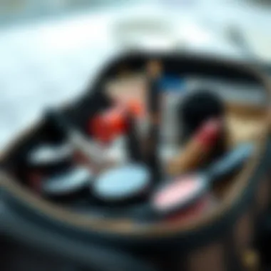 Efficient Organization of Makeup Items Neatly organized makeup essentials in a travel bag