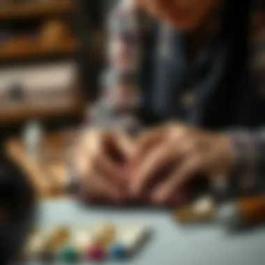 Artisan Craftsmanship in Clutch Making A close-up of a skilled artisan crafting a unique clutch, emphasizing craftsmanship and attention to detail.