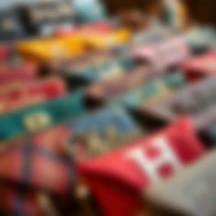 Diverse Collection of Customized Clutches A collection of colorful customized clutches showcasing various styles and name customizations.