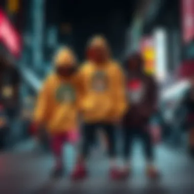 A fashion-forward streetwear scene featuring oversized hoodies