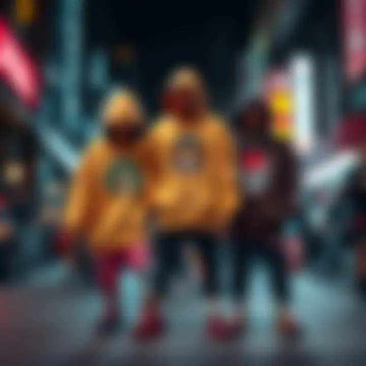 A fashion-forward streetwear scene featuring oversized hoodies