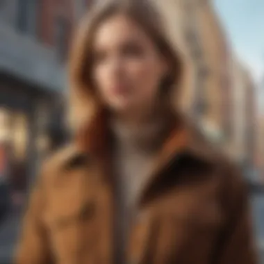 A stylish woman wearing a modern corduroy fleece jacket in an urban setting