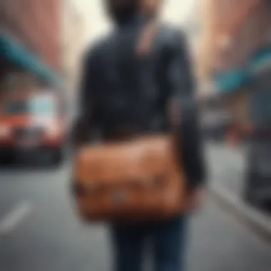 A fashionable individual wearing a messenger bag in a public setting