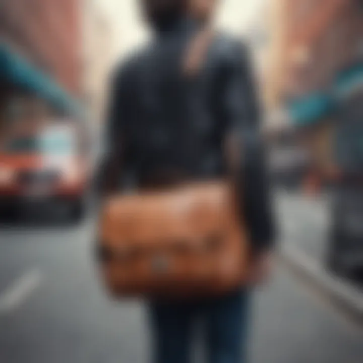 A fashionable individual wearing a messenger bag in a public setting