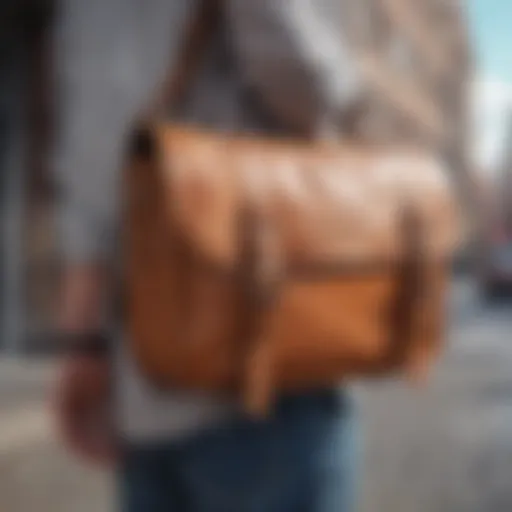 A stylish messenger bag displayed against a modern urban background