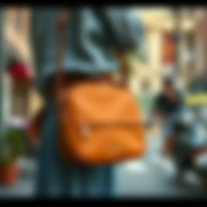 Lifestyle shot featuring crossbody purse in urban setting
