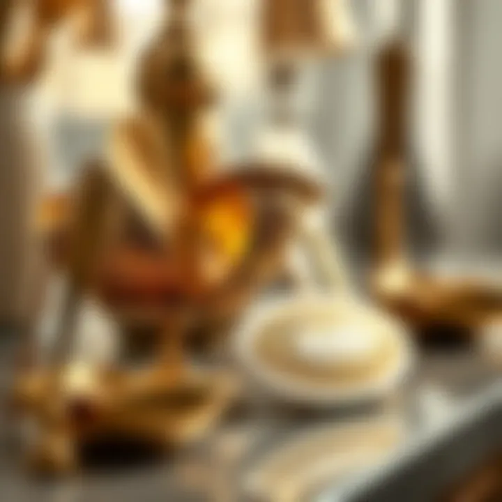 Close-up of ornate gold kitchen utensils displayed artistically