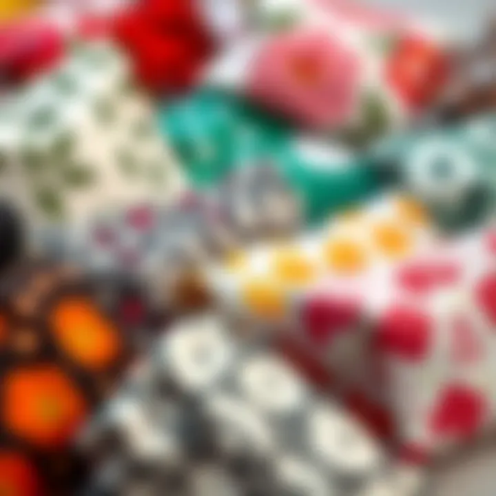 Close-up of various sanitary napkin pouches highlighting unique patterns and textures.