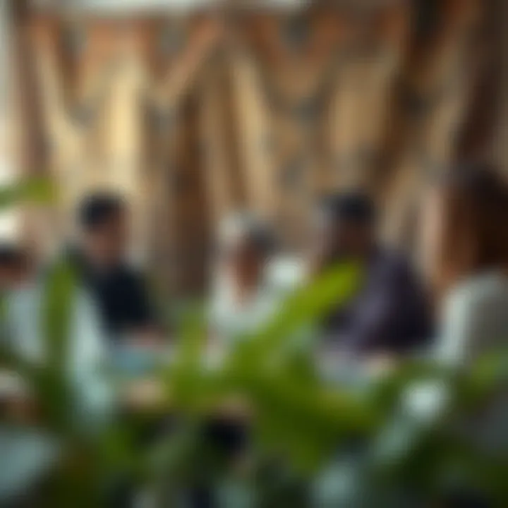 A group of individuals engaged in a collaborative workspace with tapestry in the background