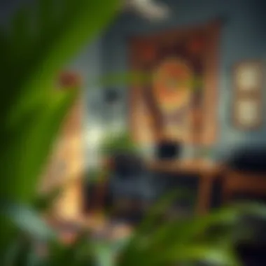 An office space decorated with vibrant tapestry art