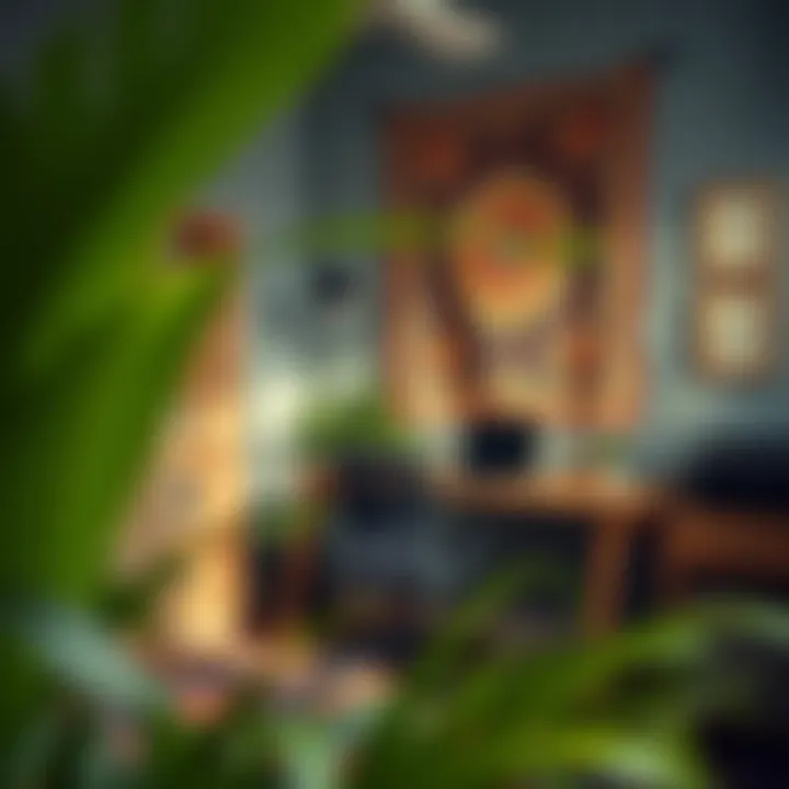 An office space decorated with vibrant tapestry art