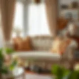 Elegant ruffled couch cover in a cozy living room