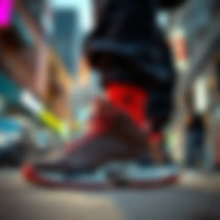 Urban Style Influence Jimmy Butler's shoes showcased against a vibrant urban backdrop