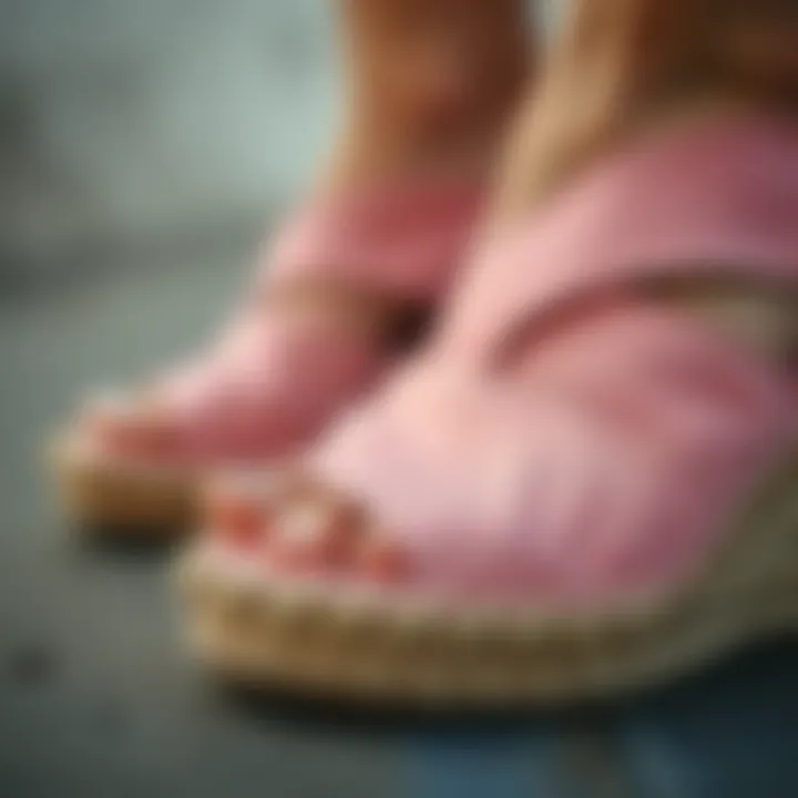 Close-up of pink espadrille wedge detailing and stitching