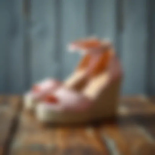 Elegant pink espadrille wedges on a rustic wooden surface
