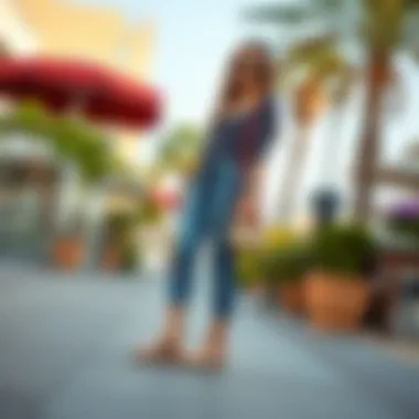 Stylish outfit paired with pink espadrille wedges in an outdoor setting