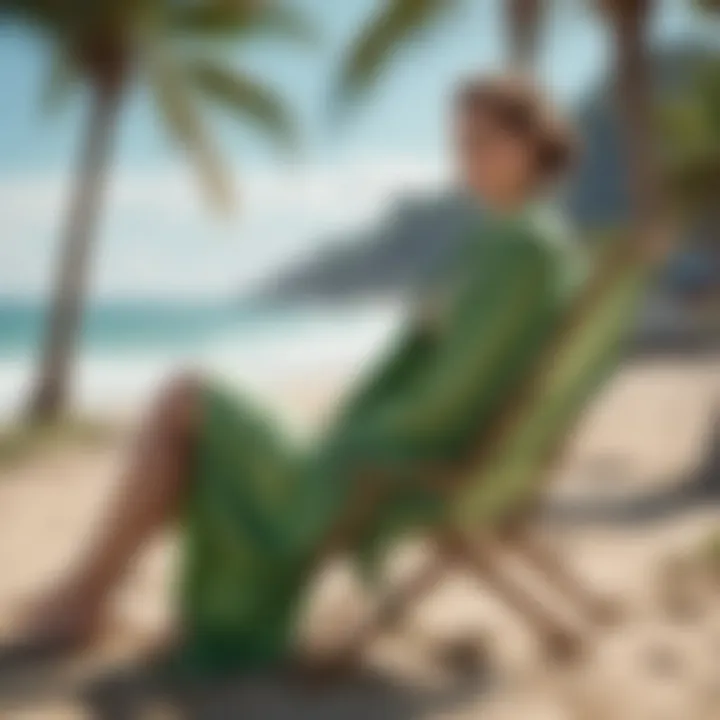 Elegant green bathing suit cover up draped on a beach chair