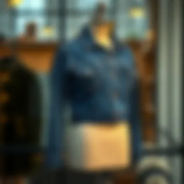 A stylish three quarter length denim jacket displayed on a vintage mannequin