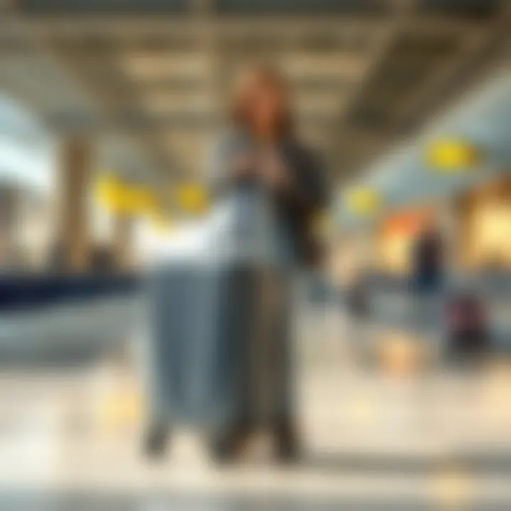 Traveler displaying a transparent luggage cover in an airport setting