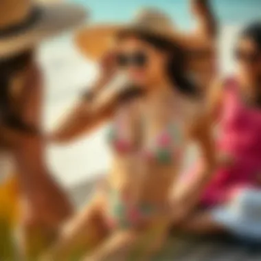 Fashion stylist arranging triangle thong bikini with trendy accessories for a chic beach look