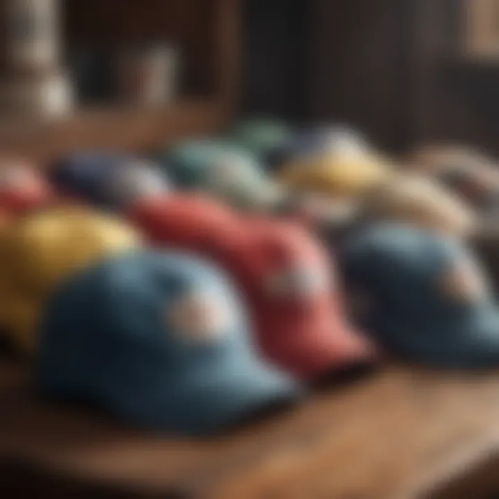 A collection of vintage distressed baseball caps displayed on a rustic wooden table