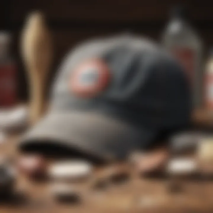 A well-maintained vintage distressed baseball cap alongside cleaning supplies