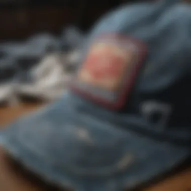 Close-up of the fabric and stitching details on a distressed baseball cap