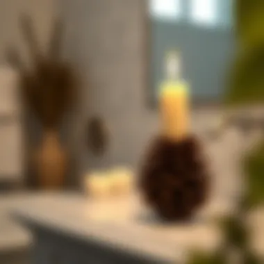 Pinecone-Shaped Candle Holder Elegant pinecone-shaped candle holder in a serene bathroom setting